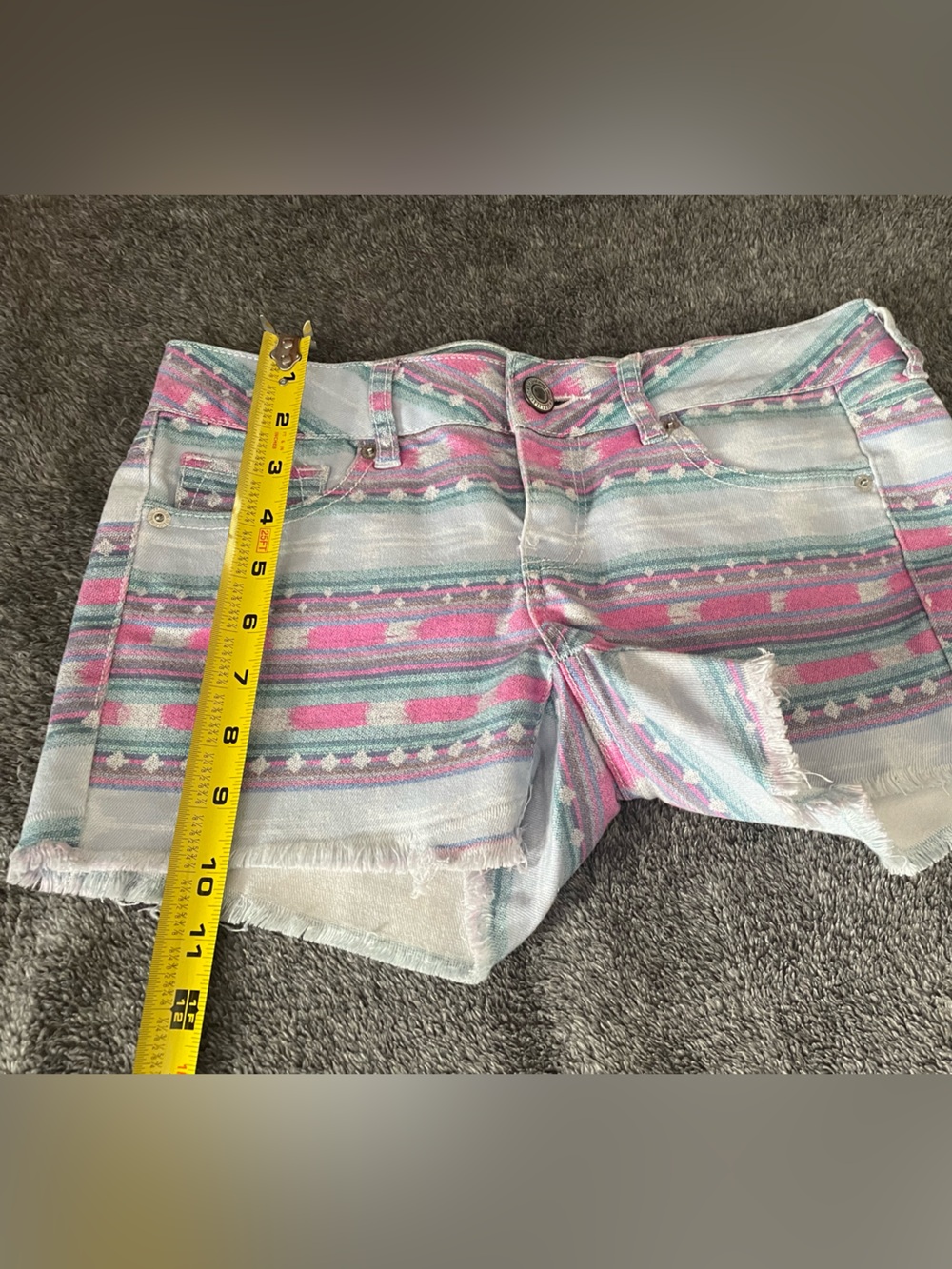 American Eagle Outfitters Teal & Pink Striped Frayed Hem Jean Shorts